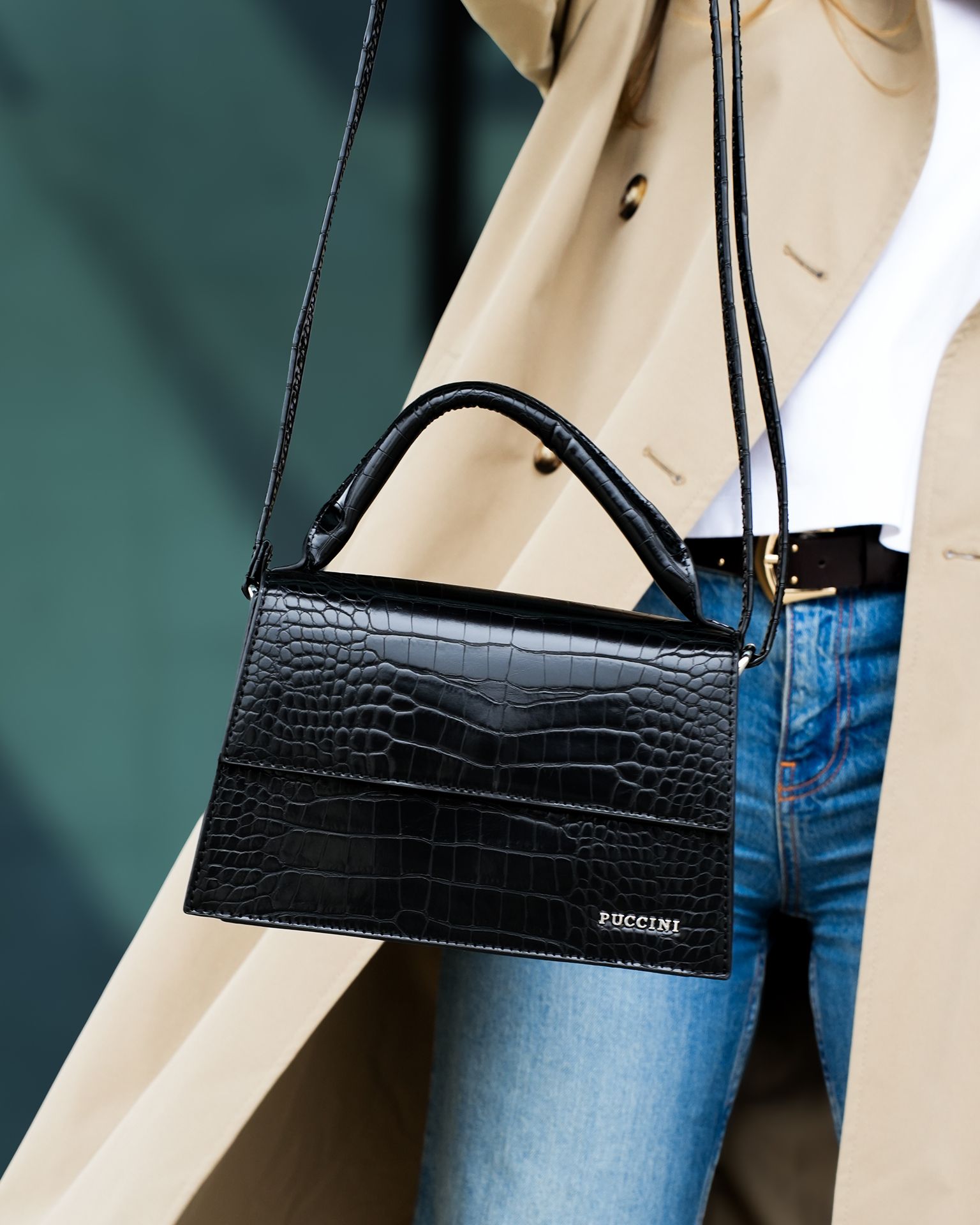 Torebka damska mini kuferek trapezowy ze skóry ekologicznej crocco czarna