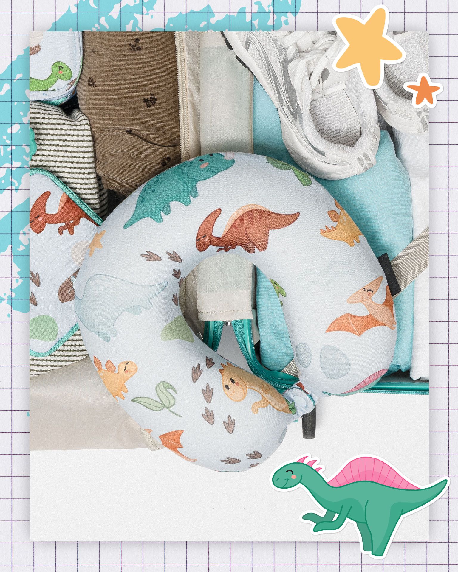 Poduszka podróżna dla dzieci niebieska dinozaury