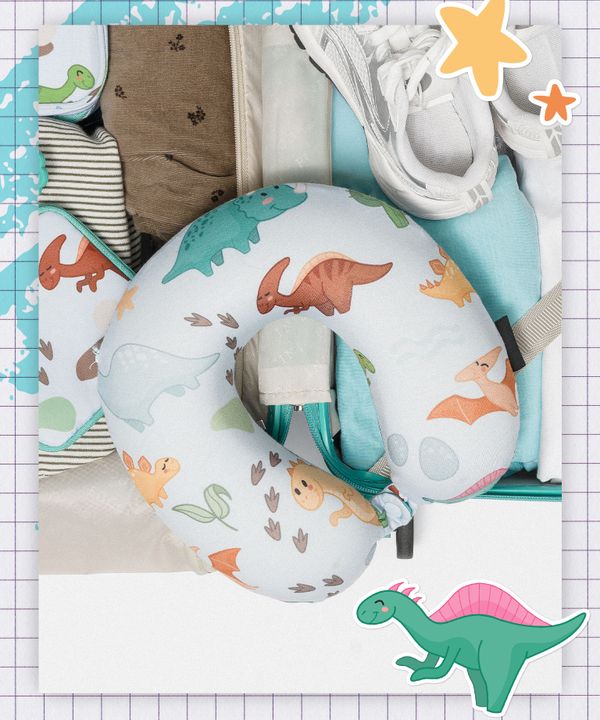 Poduszka podróżna dla dzieci niebieska dinozaury