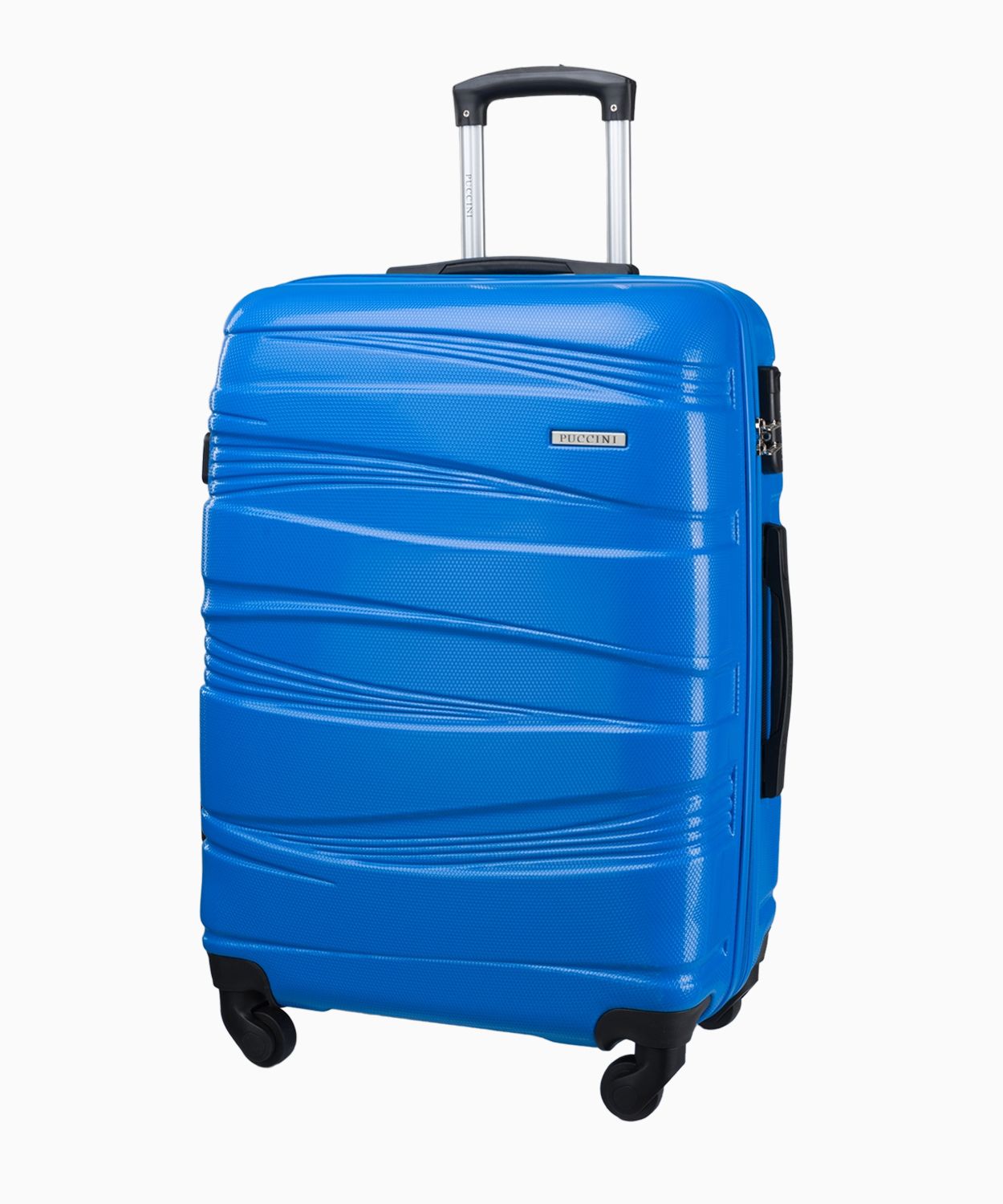 Średnia niebieska walizka z ozdobnymi tłoczeniami