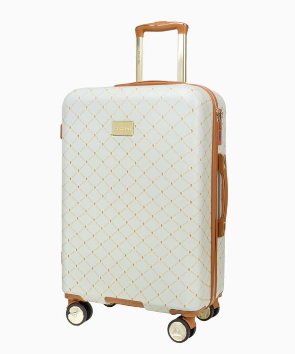 Średnia beżowa walizka monogram