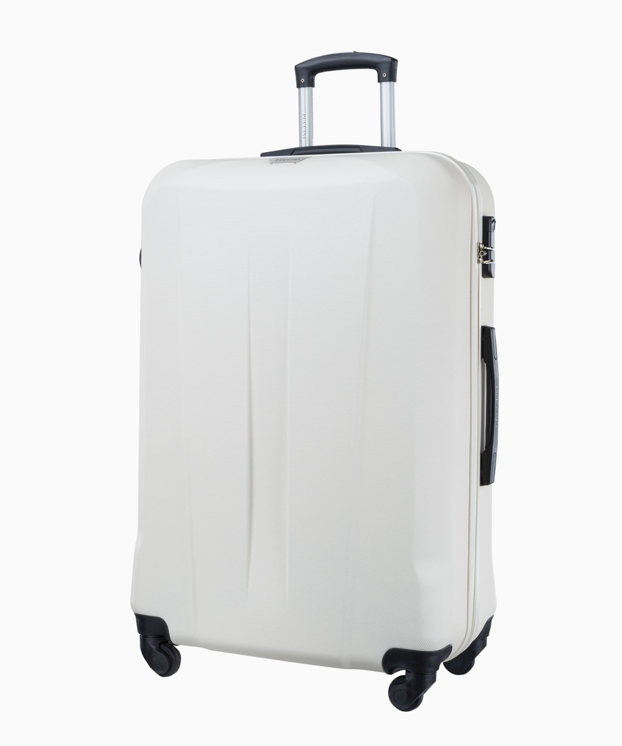 Biała duża walizka na czterech kołach