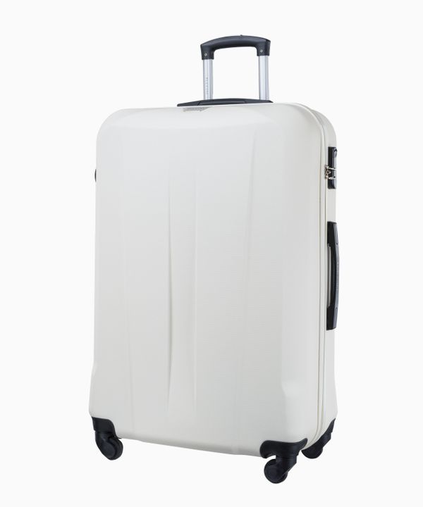 Biała duża walizka na czterech kołach