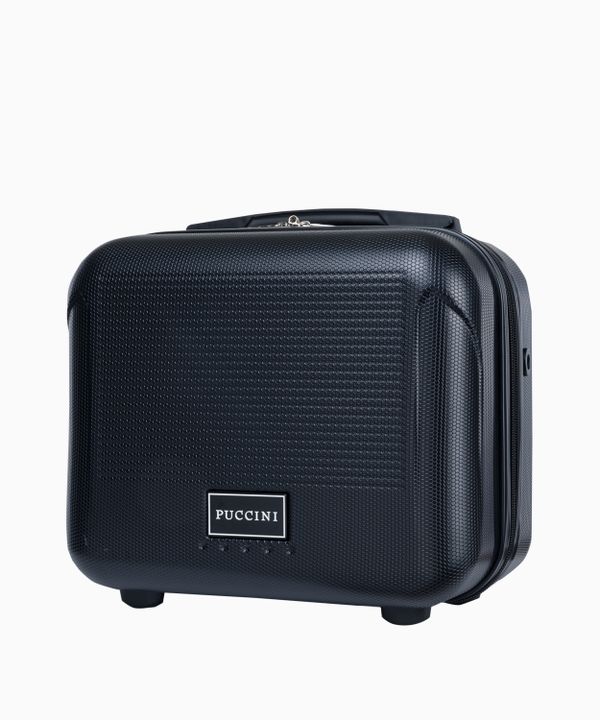 Czarny kuferek podróżny z dopinanym paskiem