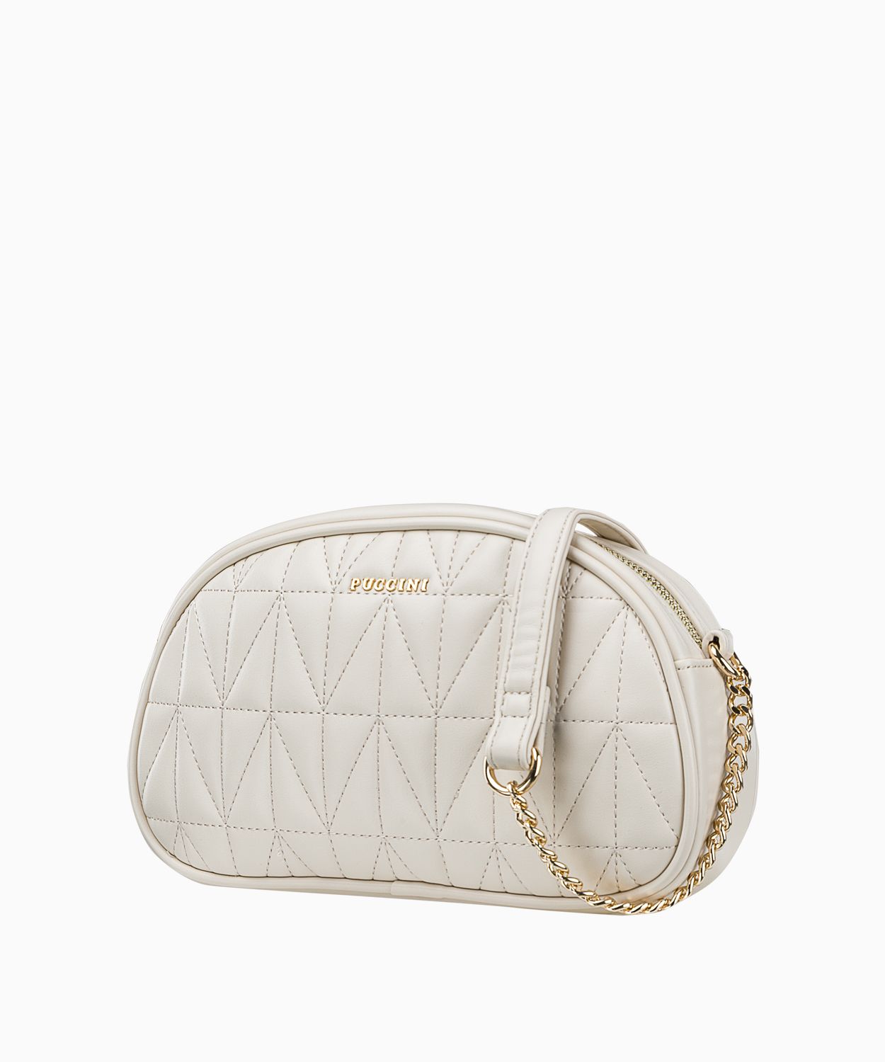 Beżowa listonoszka na złotym łańcuszku z przeszyciami