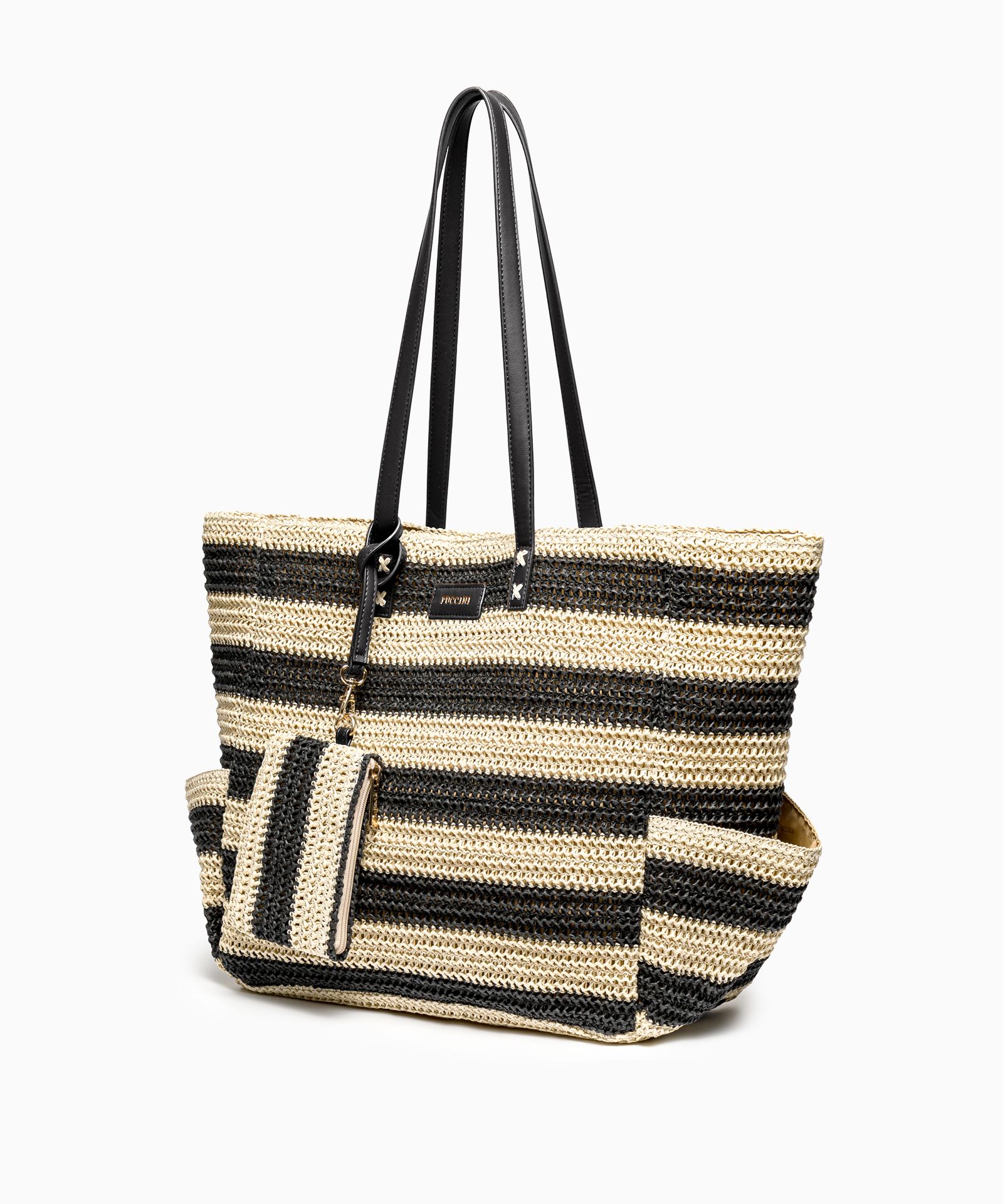 Torebka damska pleciona w pasy z czarnymi dodatkami