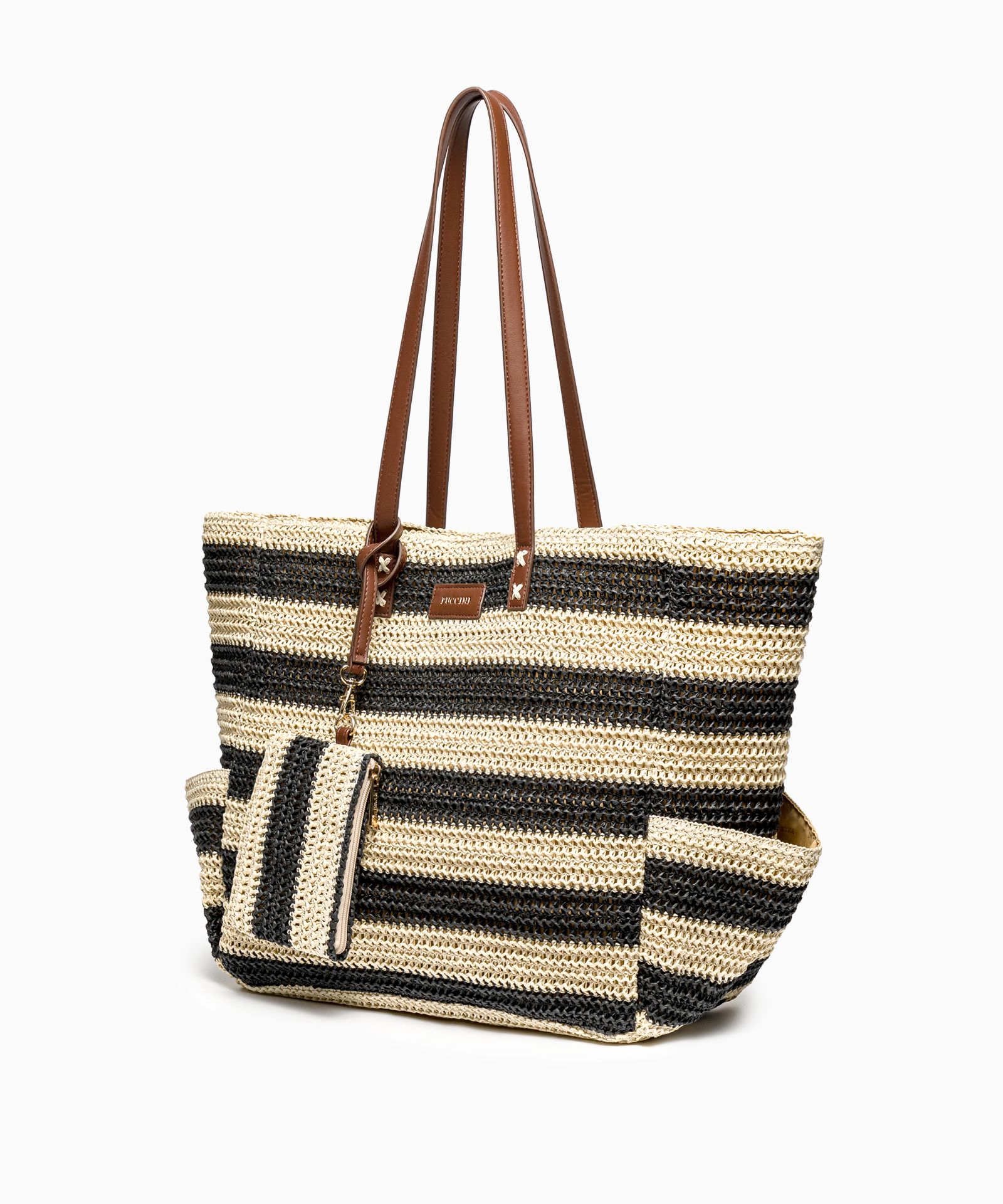 Torebka damska pleciona w pasy z brązowymi dodatkami