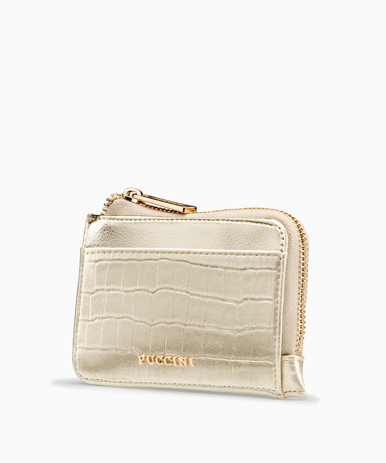 Mały portfel damski ze skóry ekologicznej o fakturze crocco w kolorze złotym