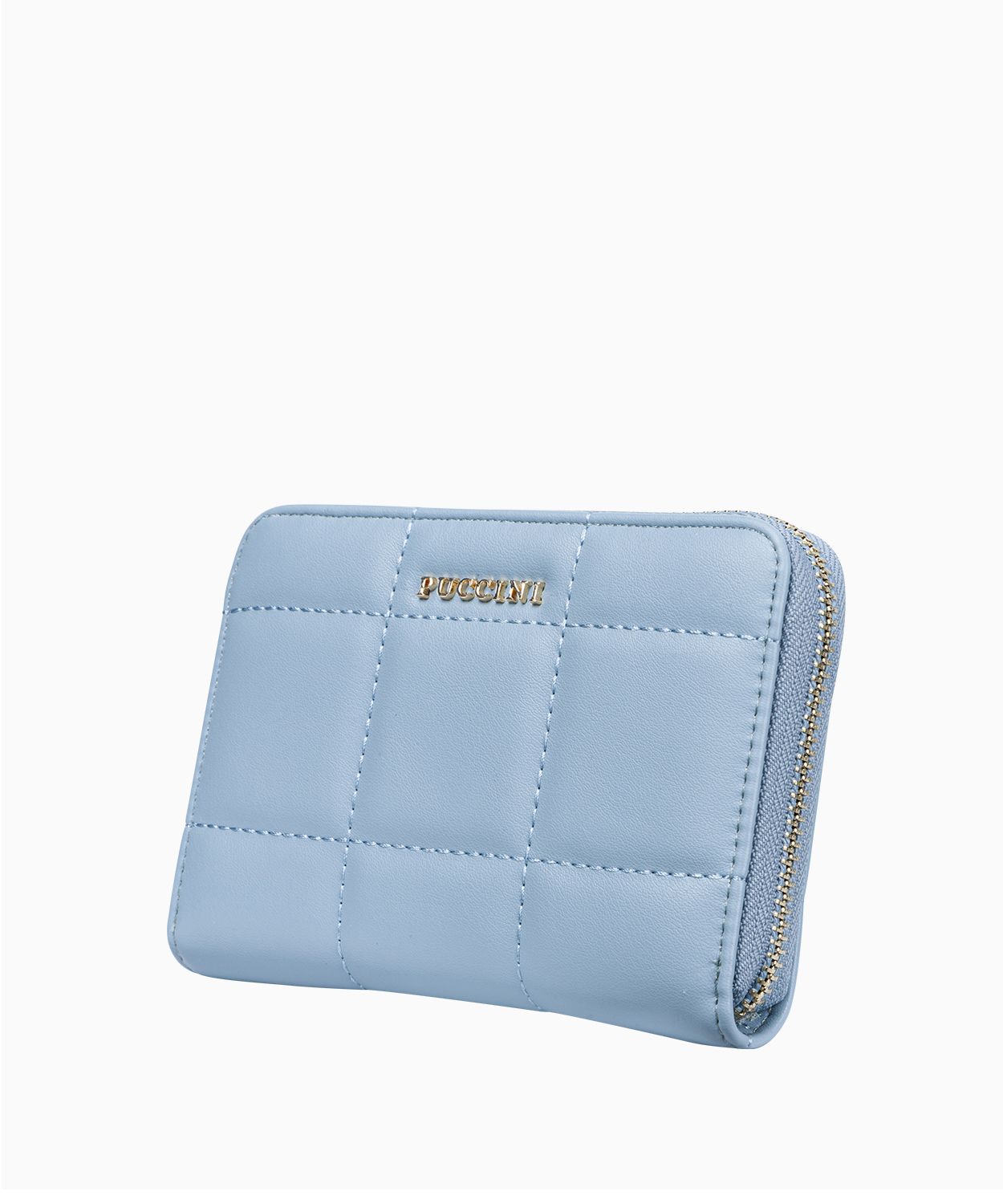 Błękitny portfel damski z ozdobnymi przeszyciami