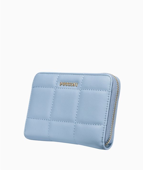 Błękitny portfel damski z ozdobnymi przeszyciami