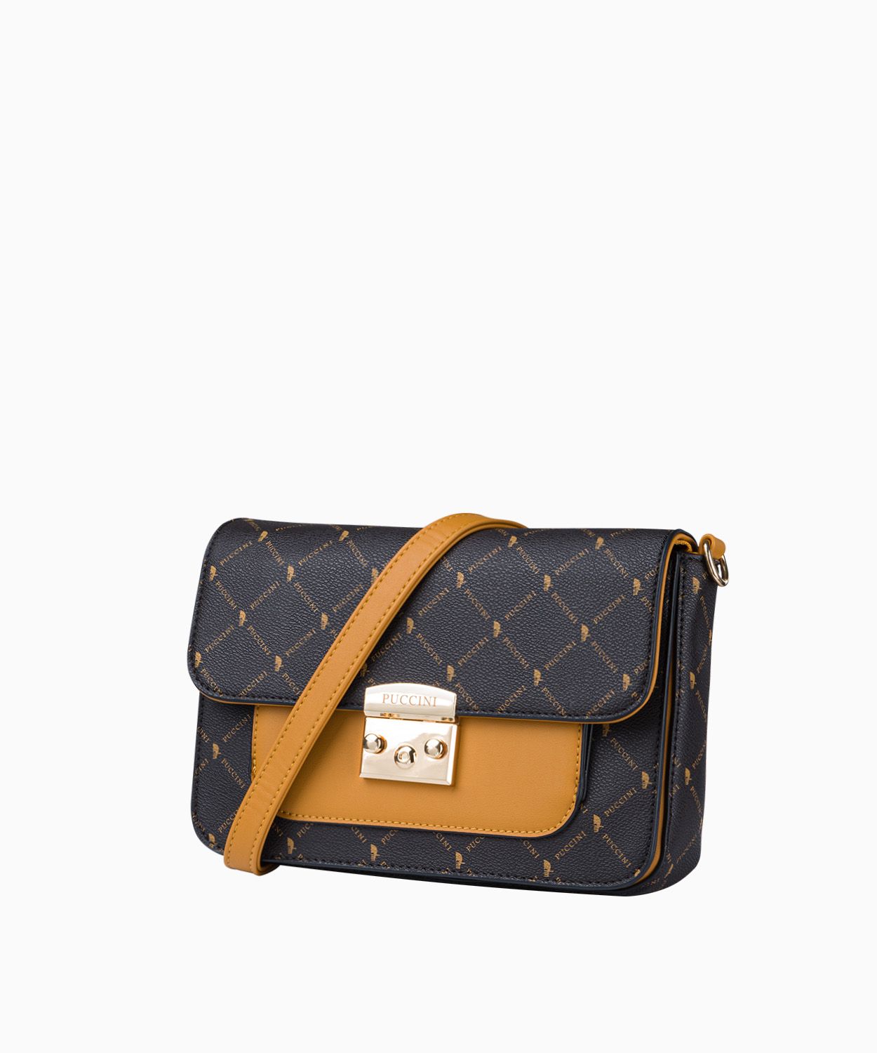 Usztywniana brazowa listonoszka w monogramowy wzor