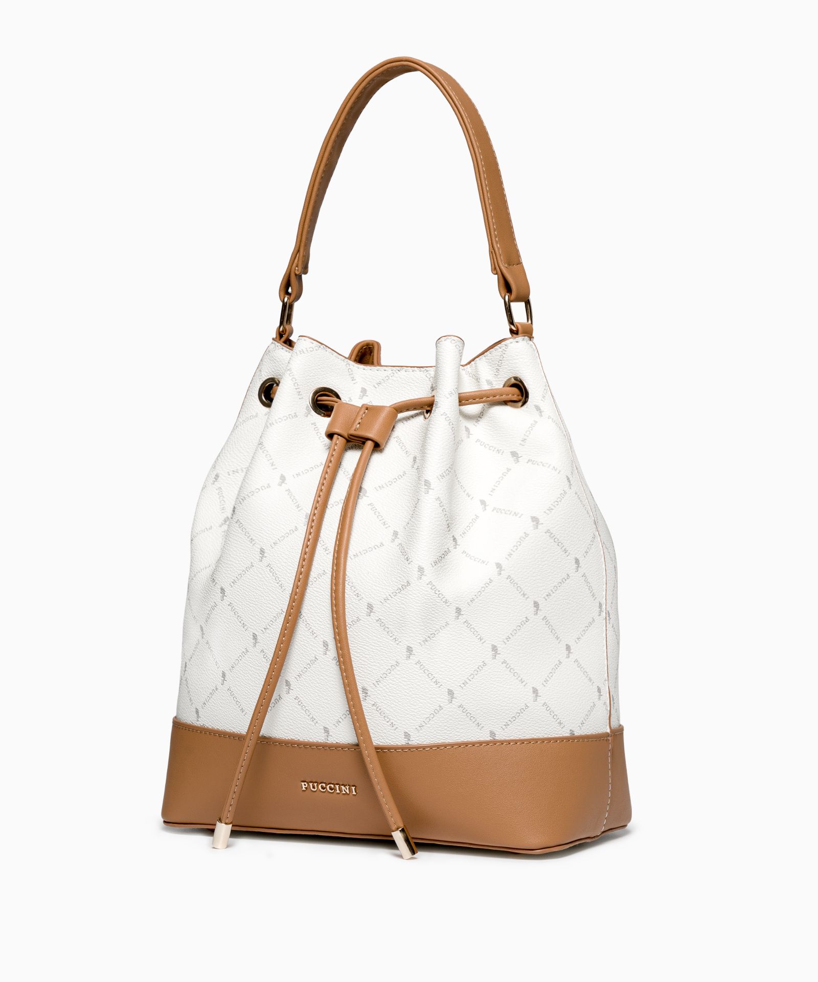 Torebka damska typu worek z regulowanym paskiem biały monogram