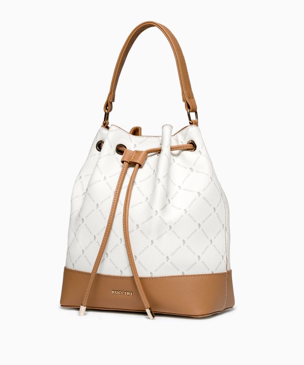 Torebka damska typu worek z regulowanym paskiem biały monogram