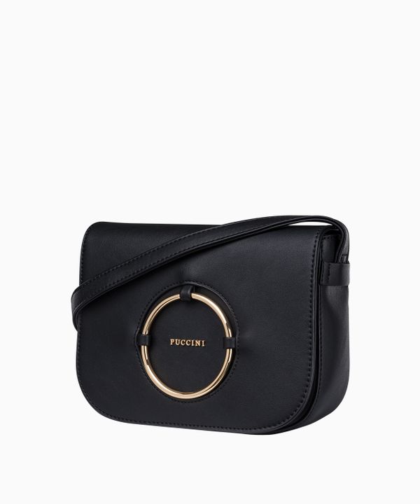 Elegancka czarna torebka damska z ozdobną aplikacją w kolorze złota