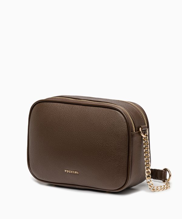 Torebka crossbody prostokątna z paskiem i łańcuszkiem brązowa