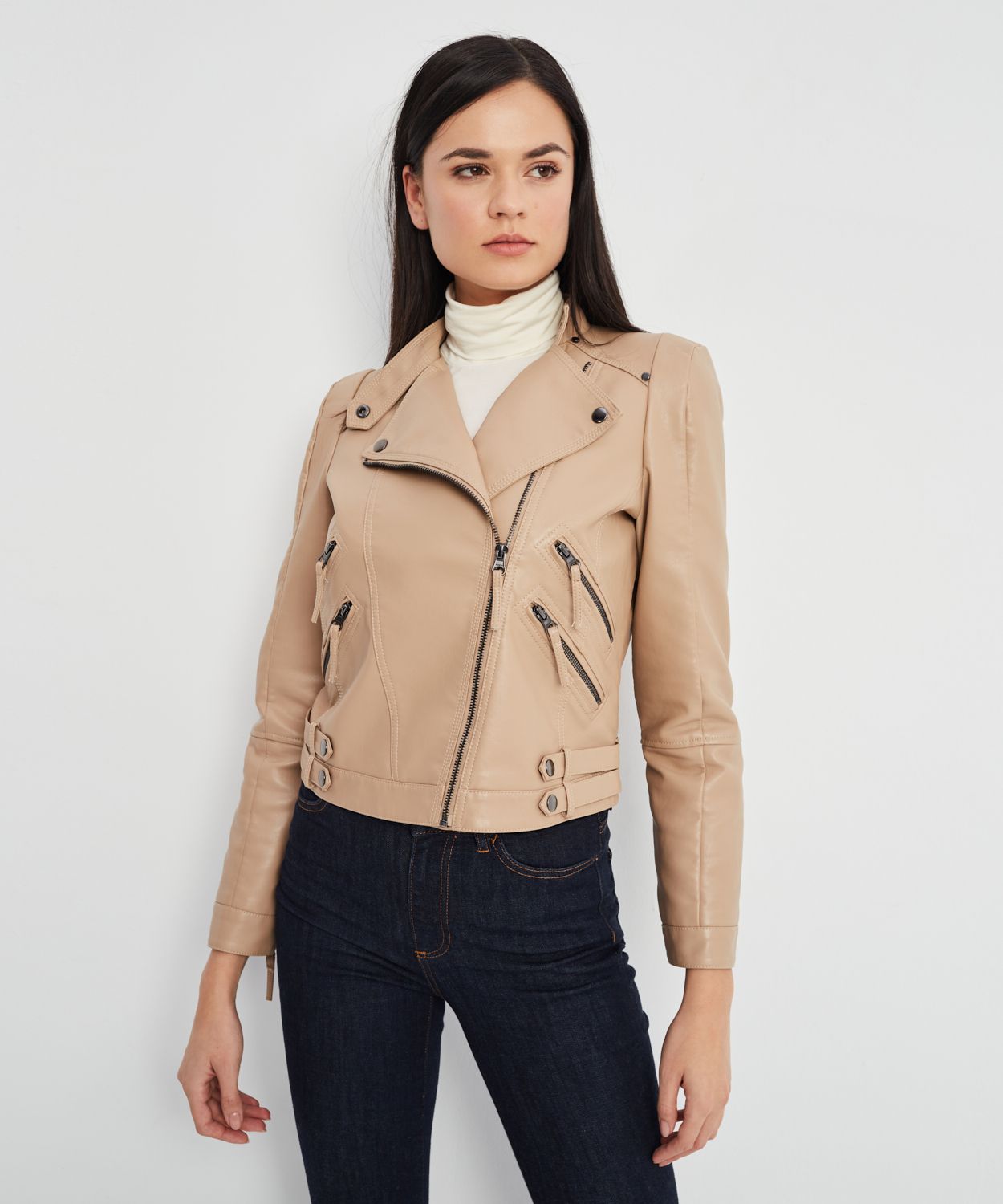 Damska kurtka ze skóry ekologicznej beżowa rozmiar M