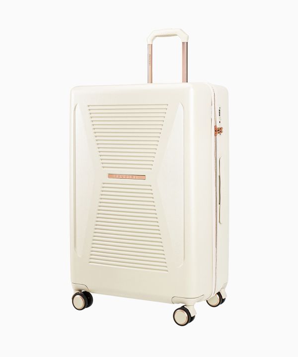 Duża biała walizka z elementami rose gold