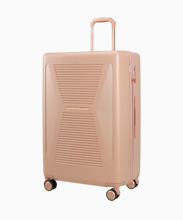 Duża różowa walizka z elementami rose gold