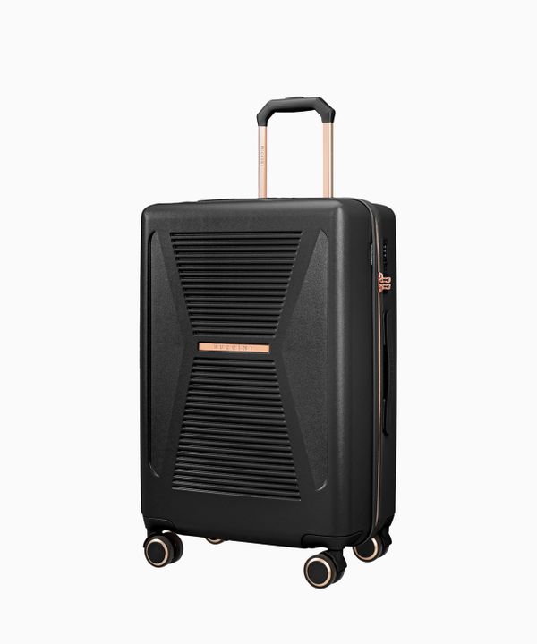 Średnia czarna walizka z elementami rose gold