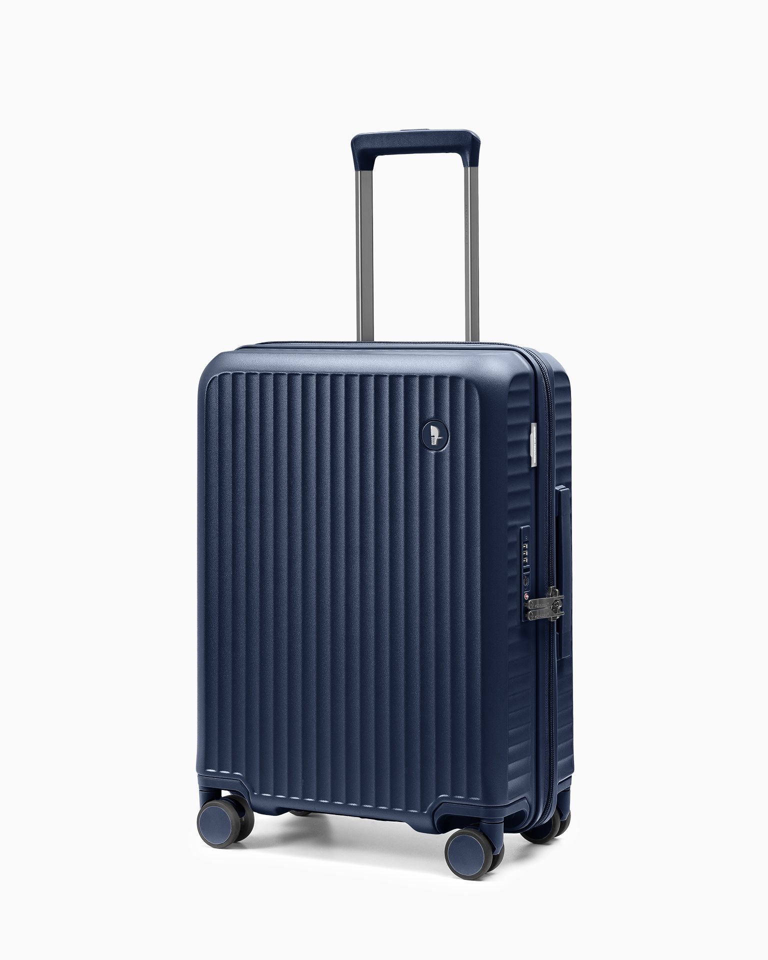 Walizka kabinowa z poliwęglanu na czterech kołach granatowa