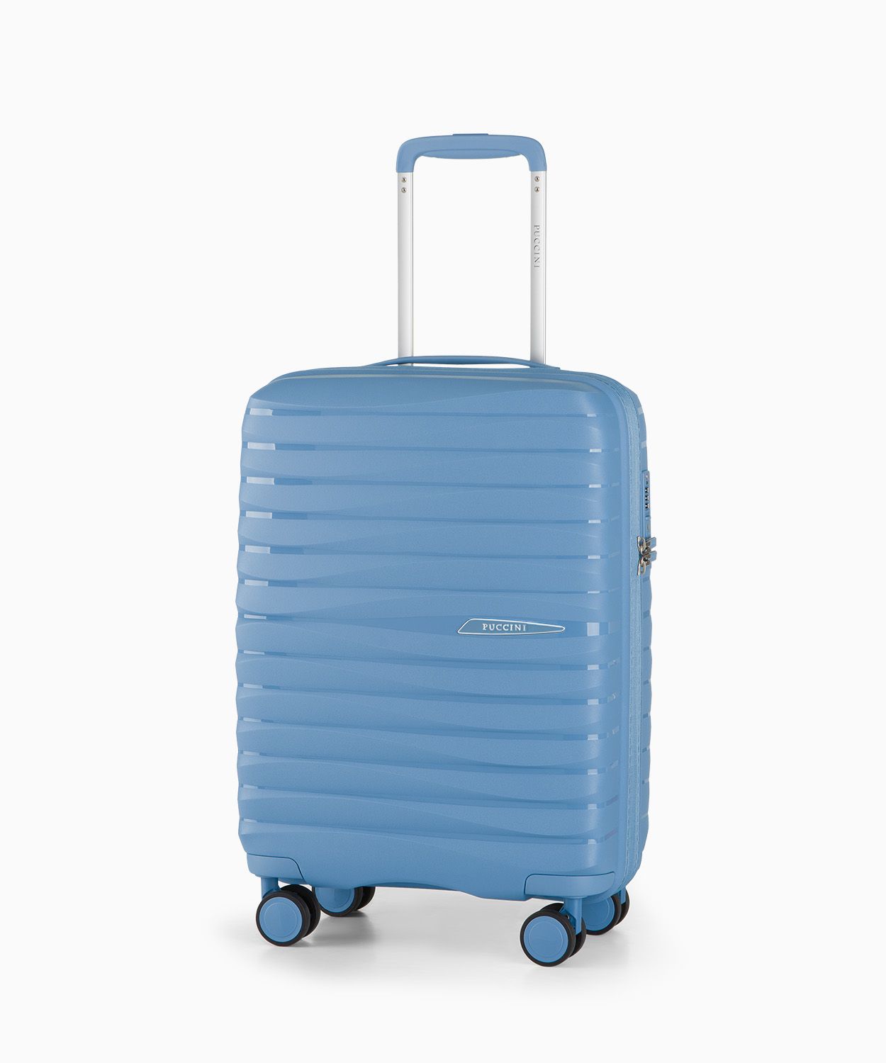 Walizka kabinowa na kółkach niebieska z polipropylenu z zamkiem TSA