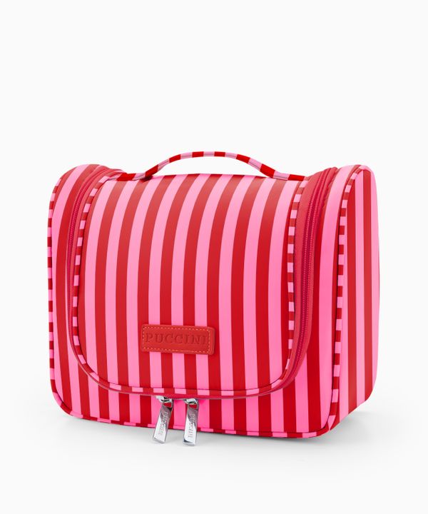 Kosmetyczka podróżna z haczykiem w różowo-czerwone pasy