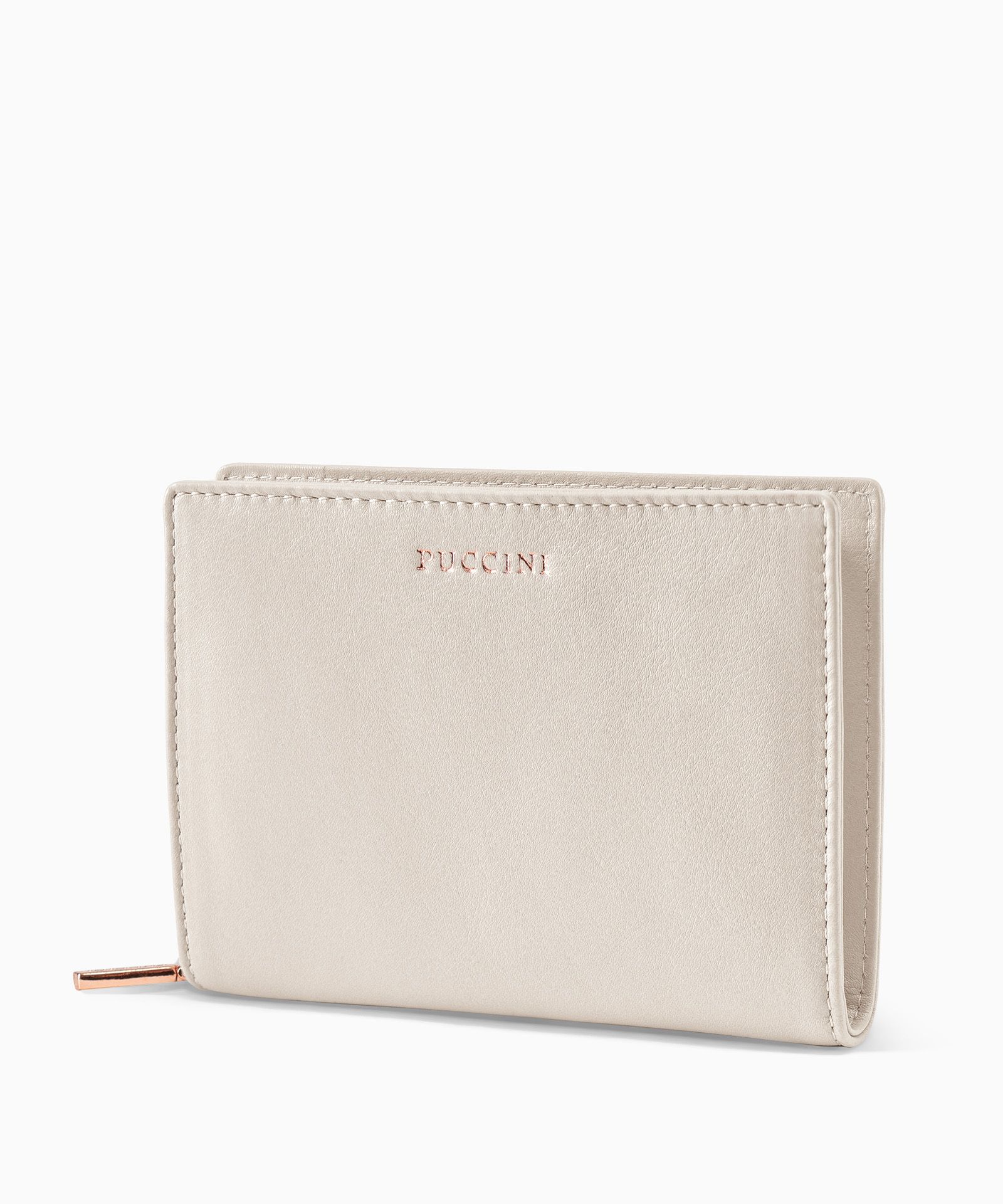 Średni damski portfel skórzany zapinany na zamek beżowy