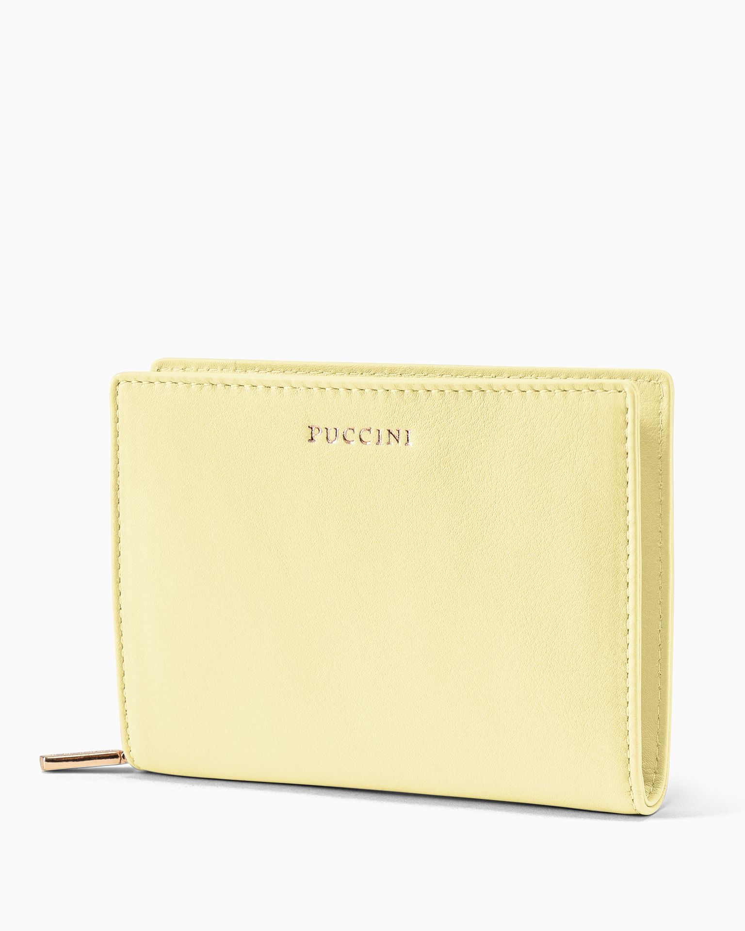 Średni damski portfel skórzany zapinany na zamek żółty