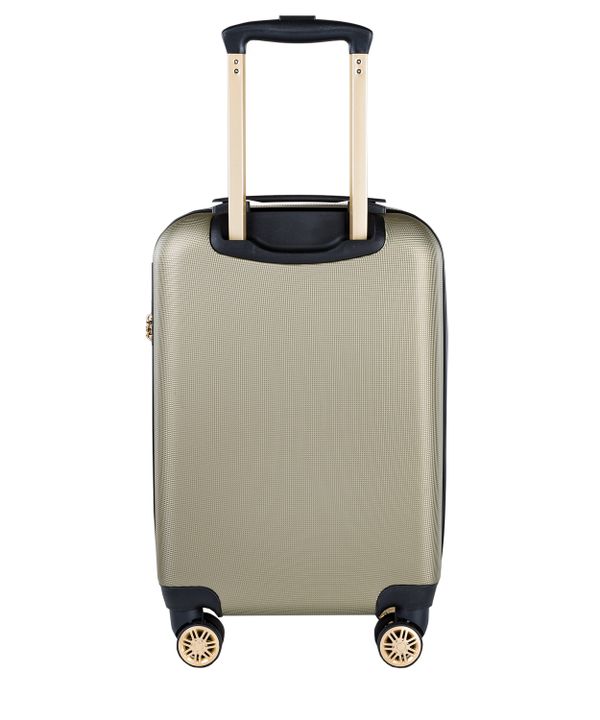 Beżowa walizka kabinowa z eleganckim napisem