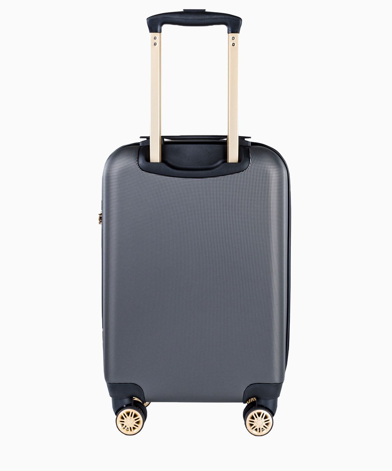 Szara walizka kabinowa z eleganckim napisem 