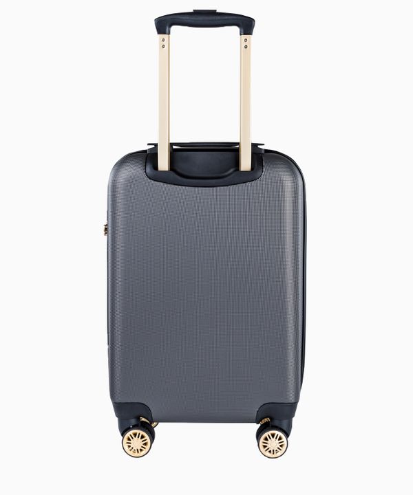 Szara walizka kabinowa z eleganckim napisem