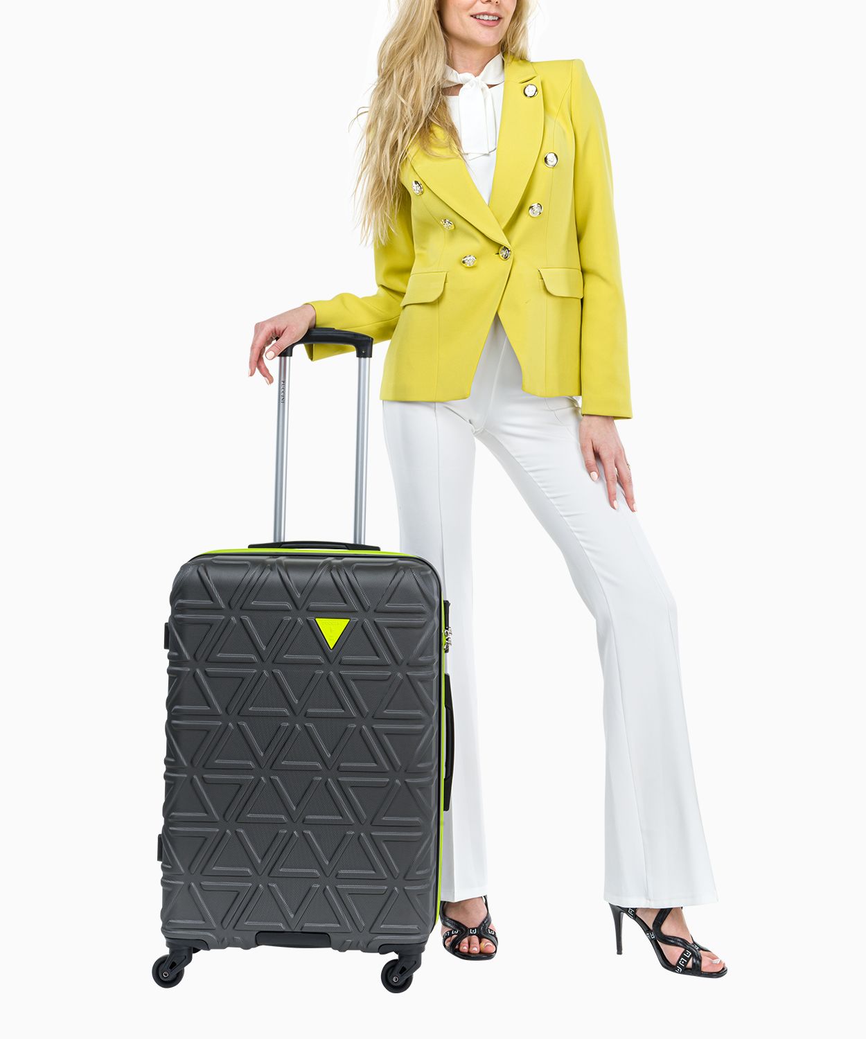 Średnia szara walizka z kontrastowym wykończeniem