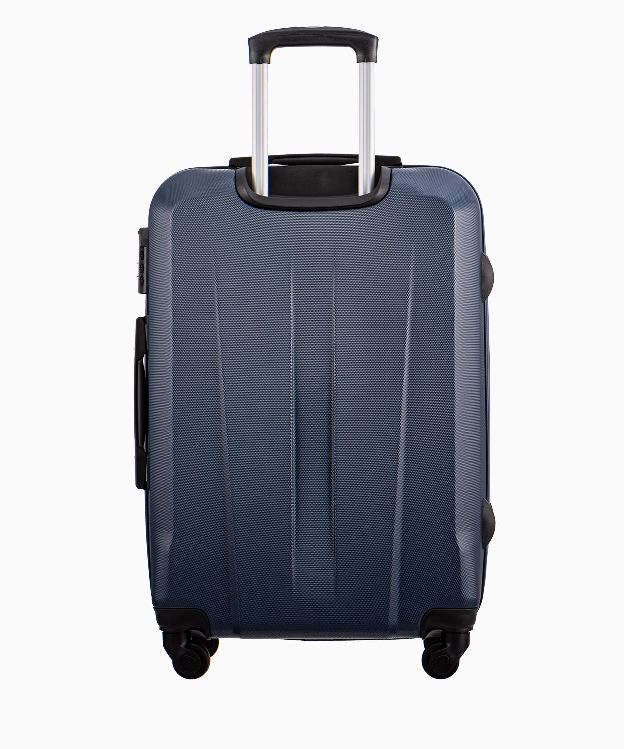 Granatowa średnia walizka na czterech kołach