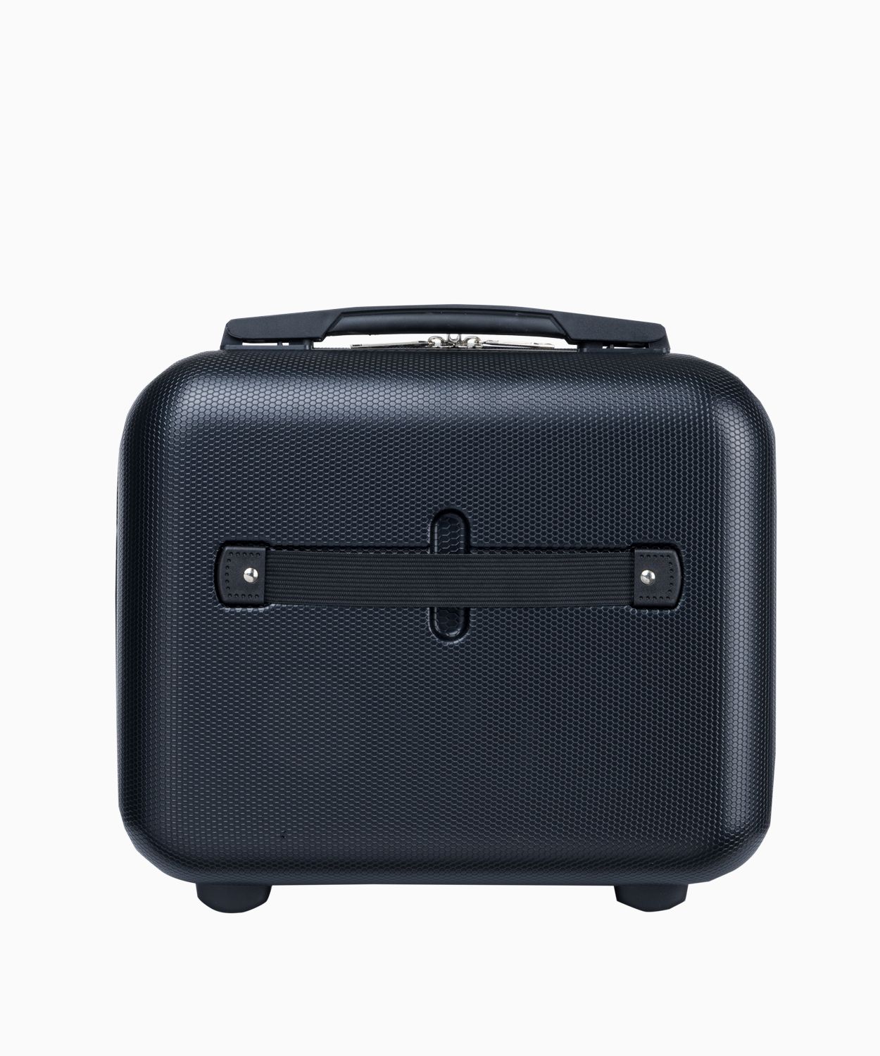 Czarny kuferek podróżny z dopinanym paskiem
