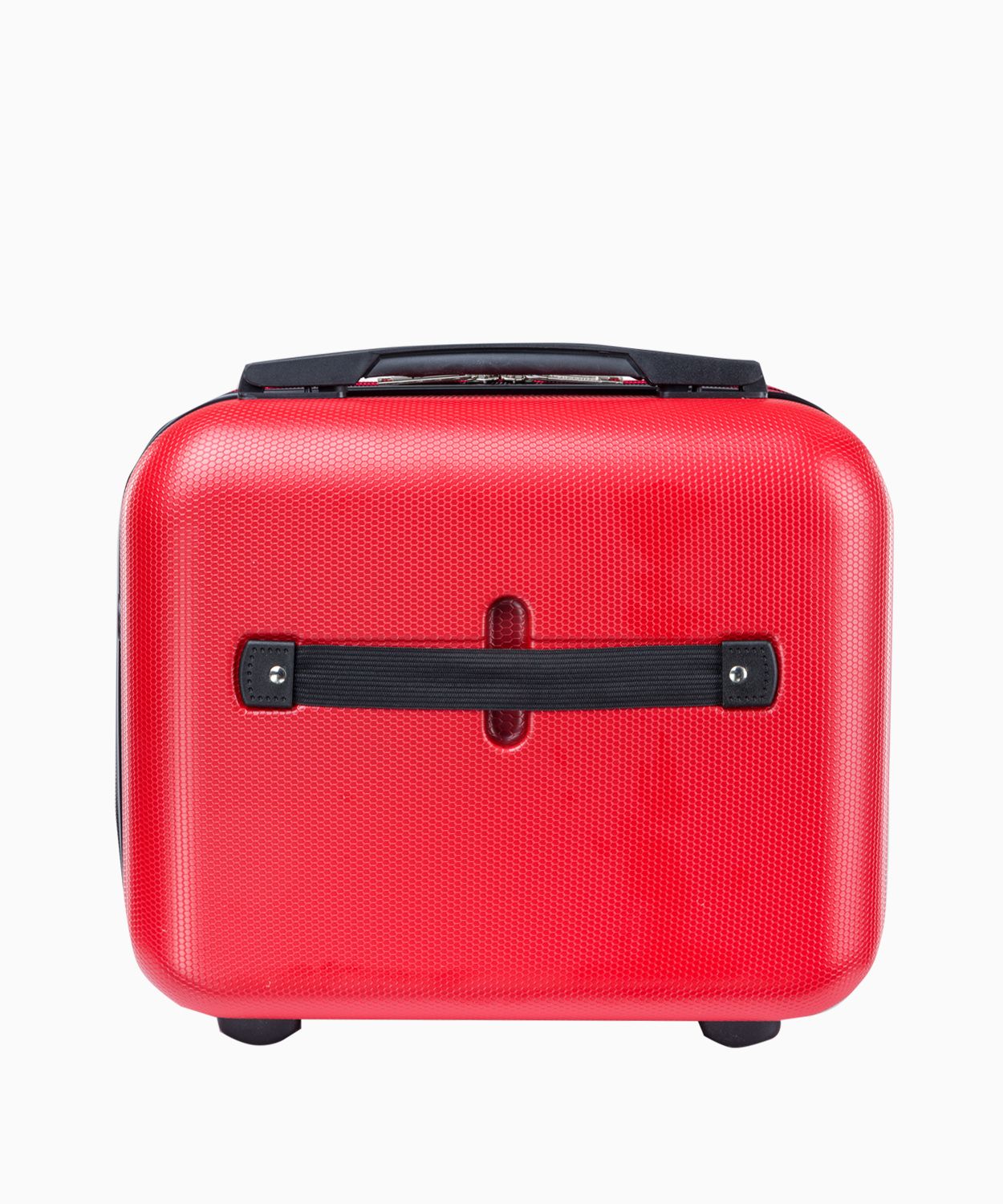 Czerwony kuferek podróżny z dopinanym paskiem