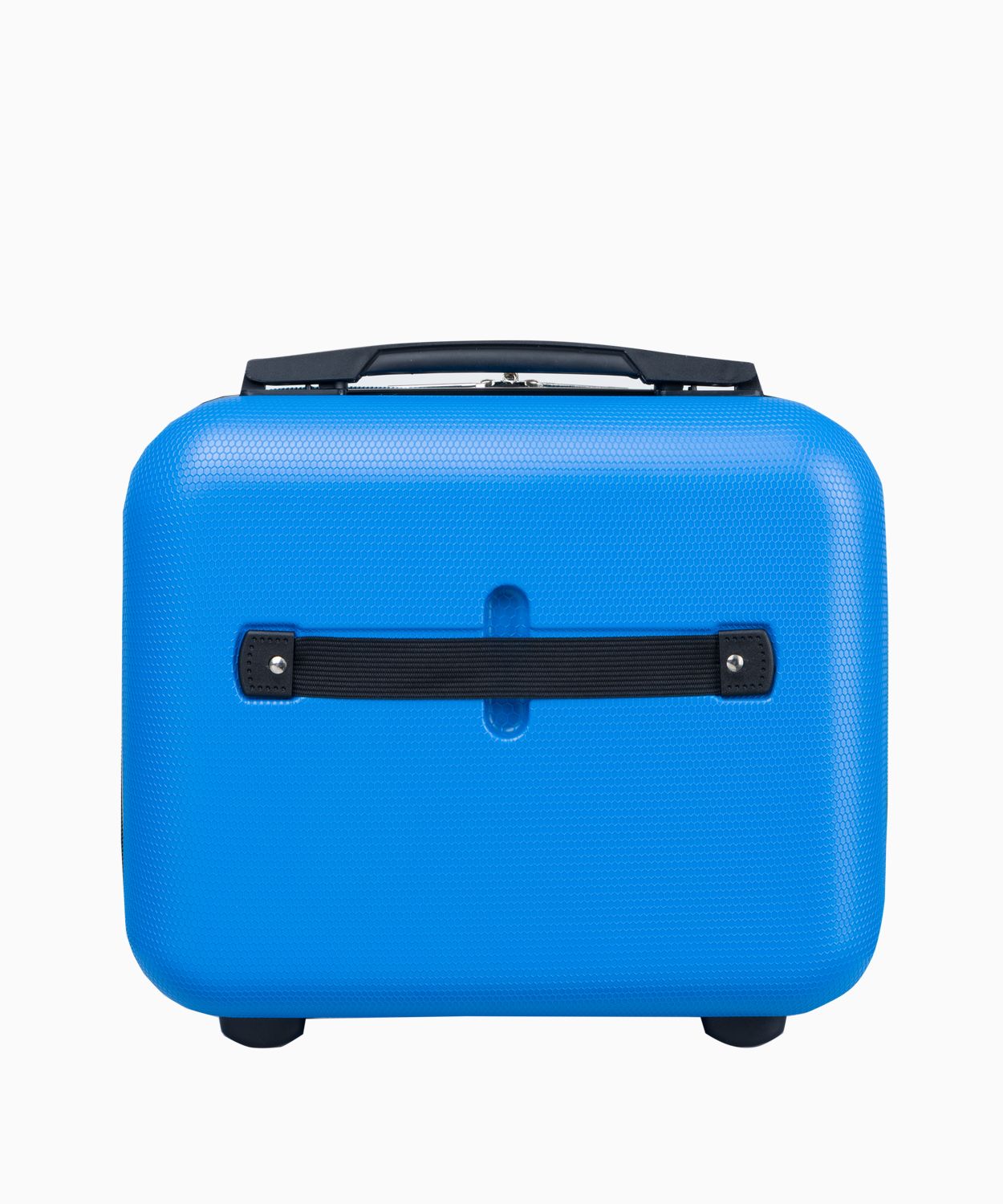 Niebieski kuferek podróżny z dopinanym paskiem