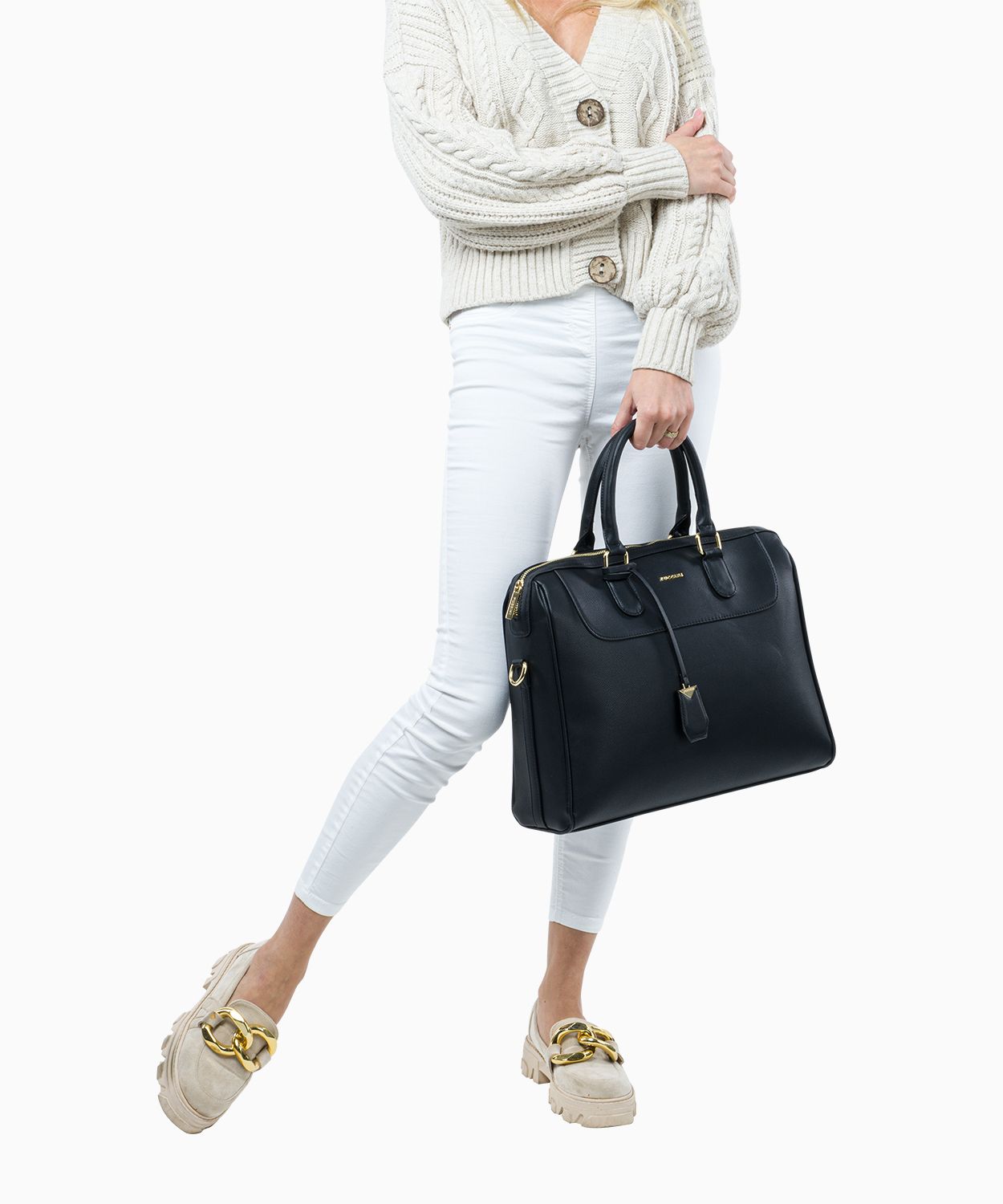 Czarna damska torba na laptopa 14 cali z ozdobnym brelokiem 