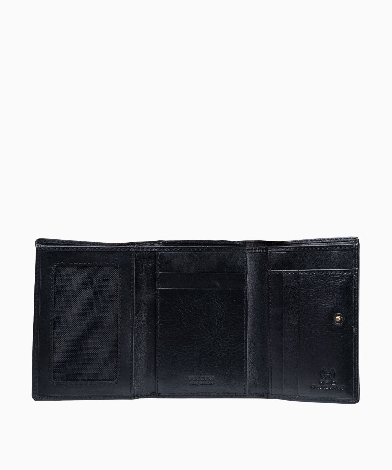 Średniej wielkości czarny skórzany portfel damski z kieszenią na bigiel