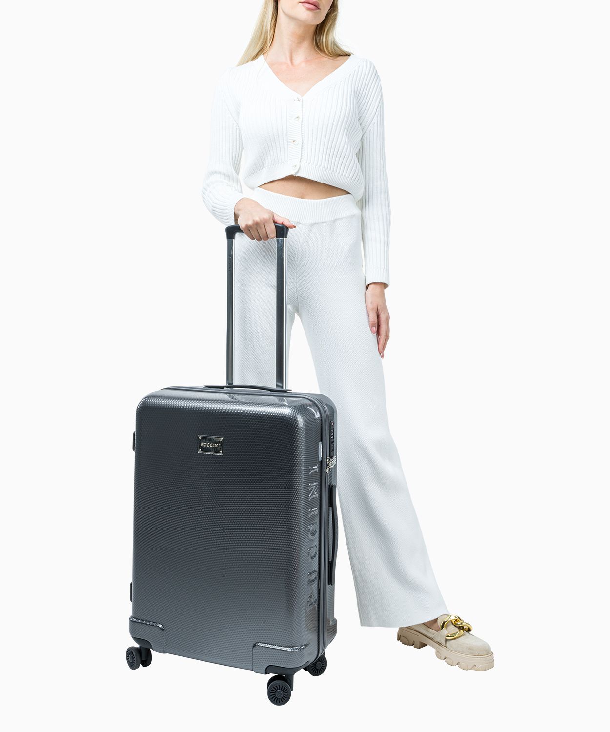 Antracytowa twarda walizka średnia o strukturze plastra miodu