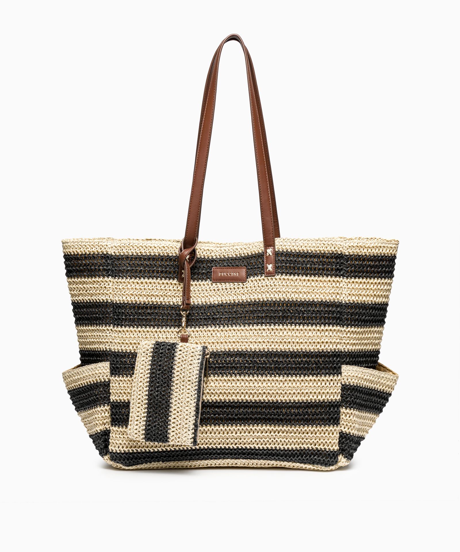 Torebka damska pleciona w pasy z brązowymi dodatkami