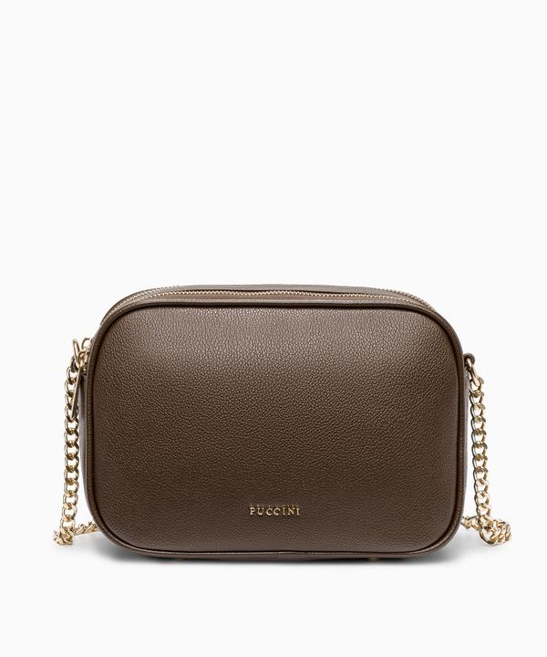 Torebka crossbody prostokątna z paskiem i łańcuszkiem brązowa