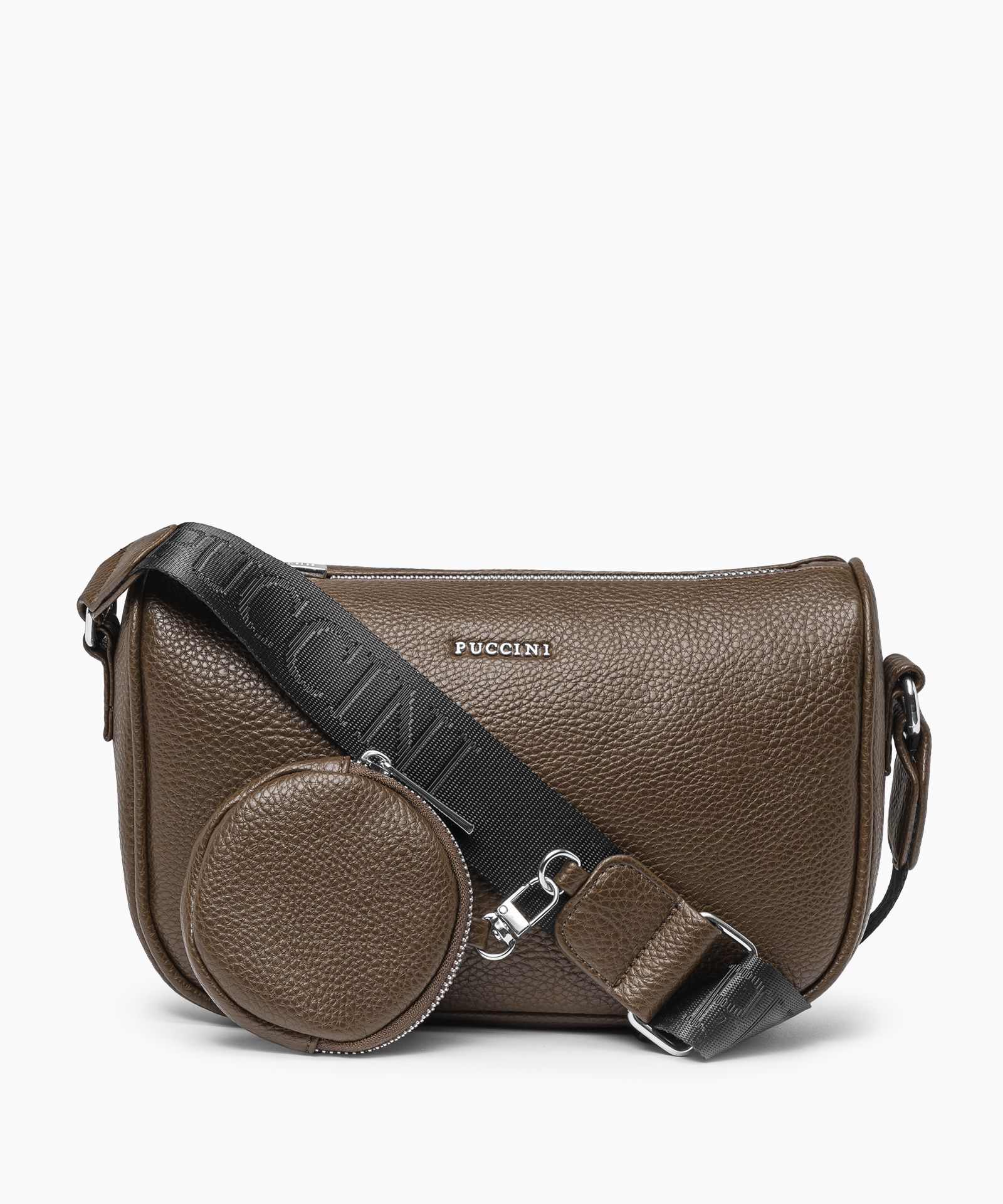 Torebka listonoszka z materiałowym paskiem z saszetką brązowa