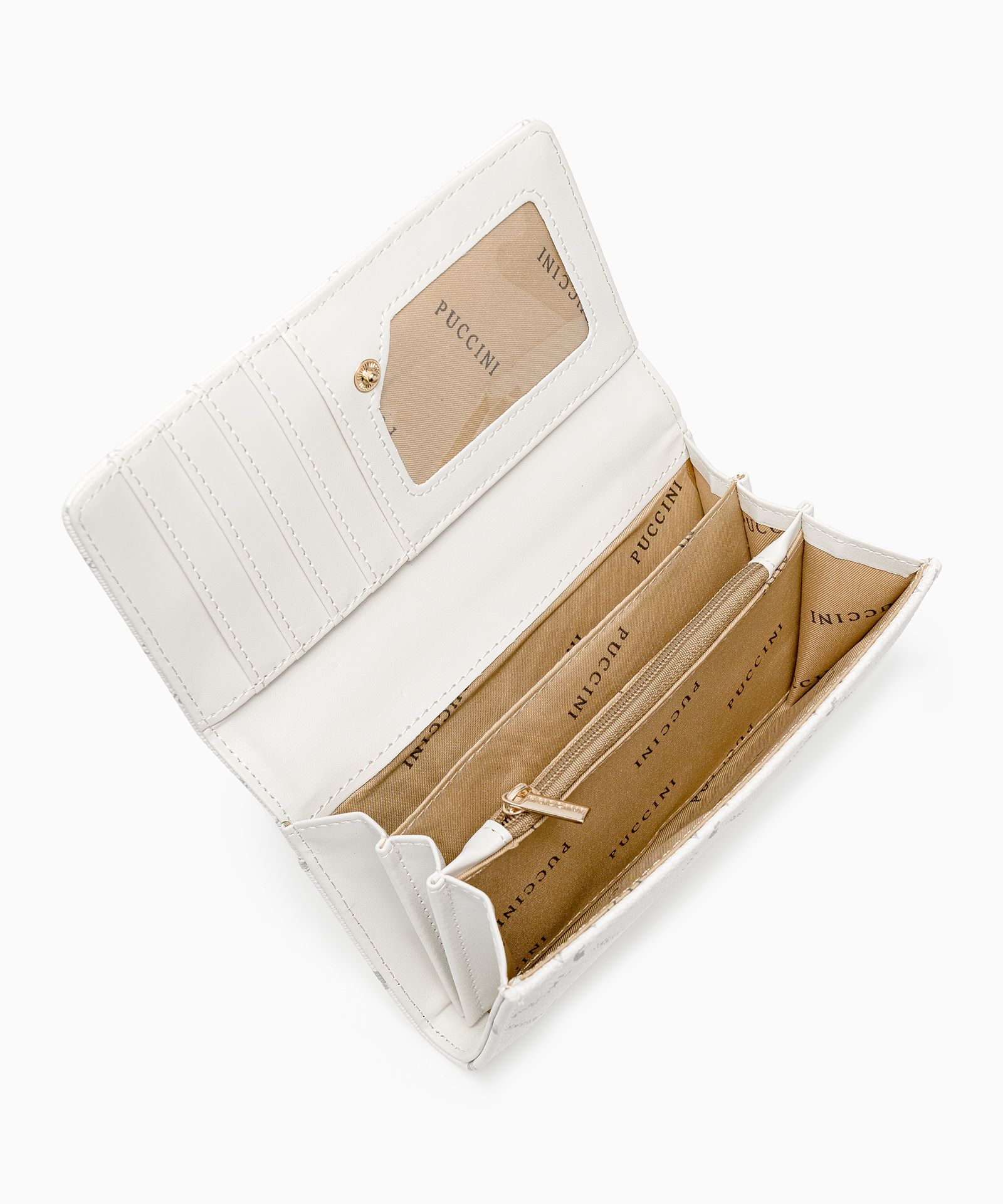 Średniej wielkości biały portfel damski logowany ze skóry ekologicznej