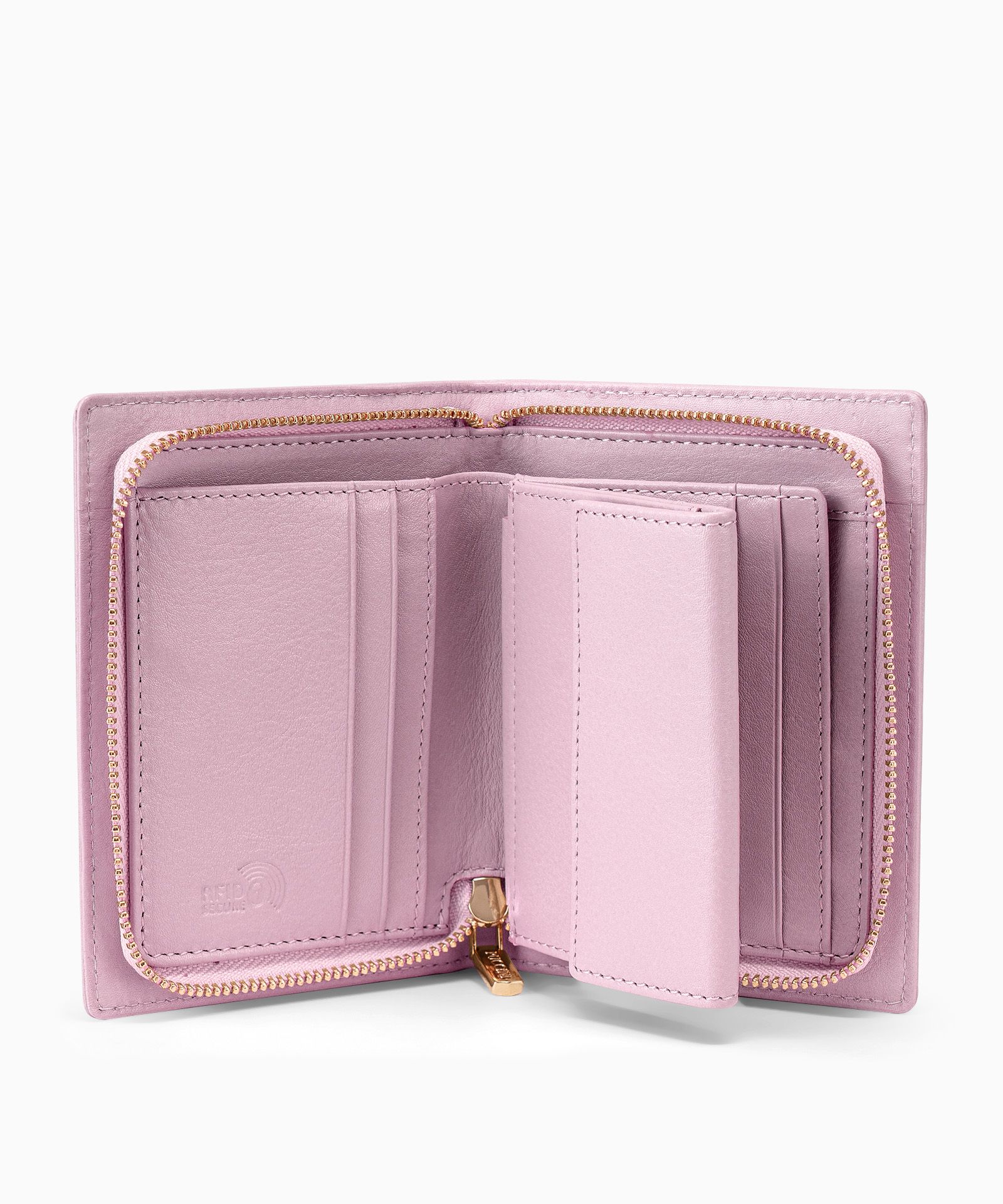 Średni damski portfel skórzany zapinany na różówy