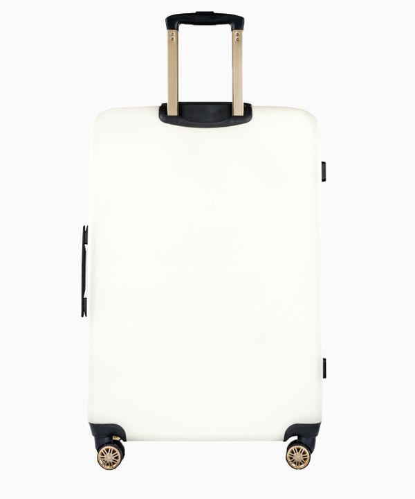 Duża biała walizka z eleganckim napisem