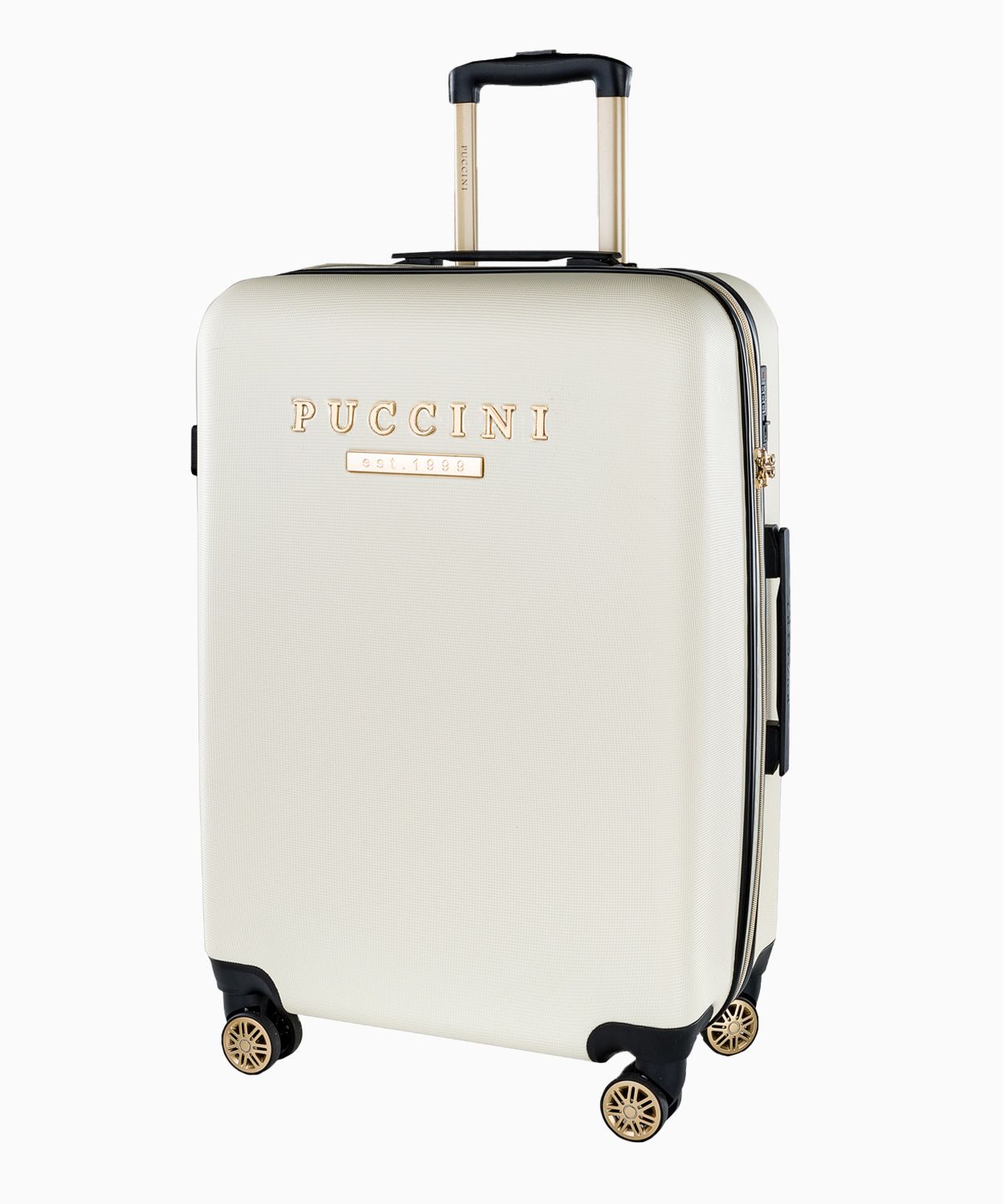 Średnia biała walizka z eleganckim napisem 