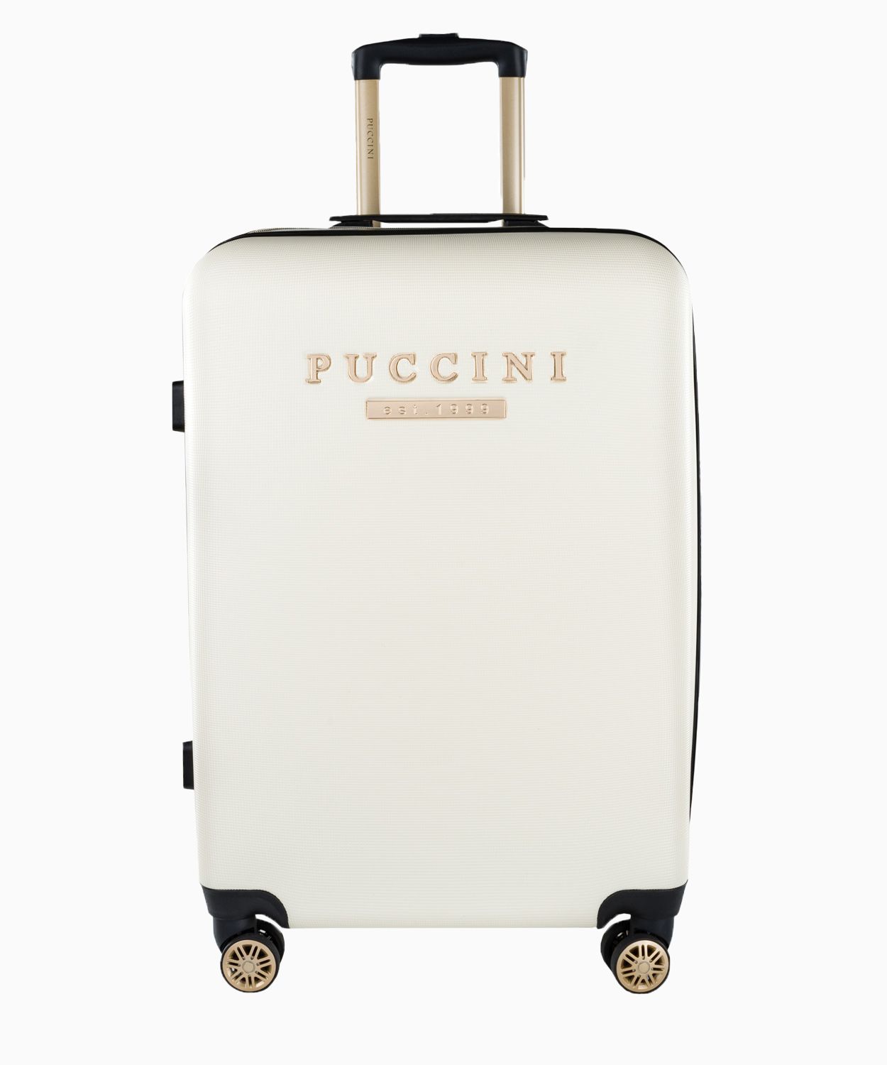 Średnia biała walizka z eleganckim napisem 