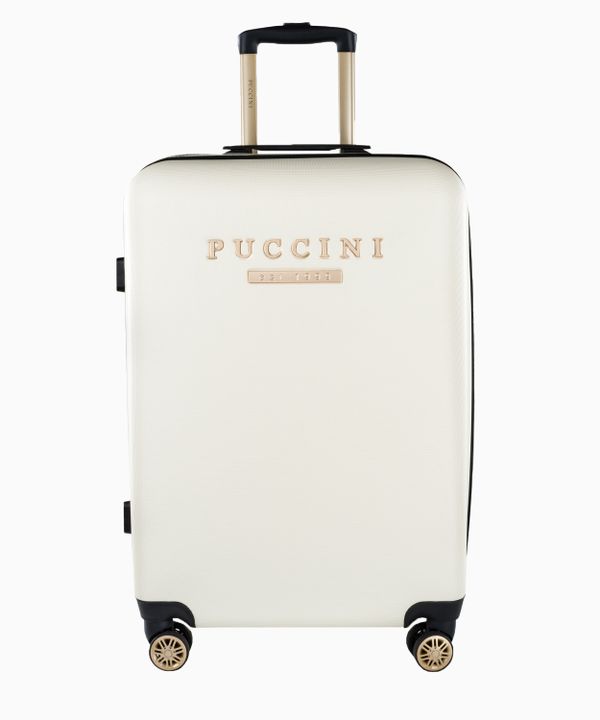 Średnia biała walizka z eleganckim napisem