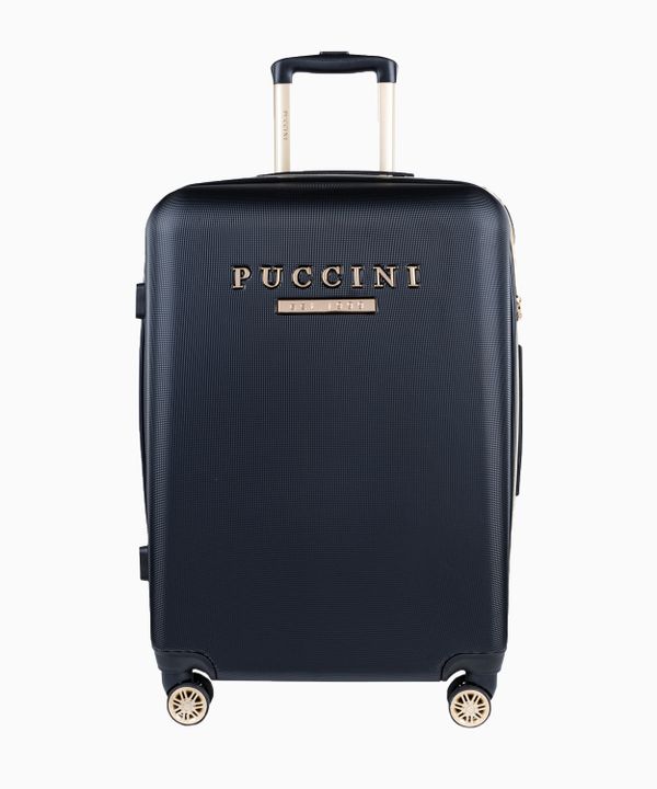 Średnia czarna walizka z eleganckim napisem