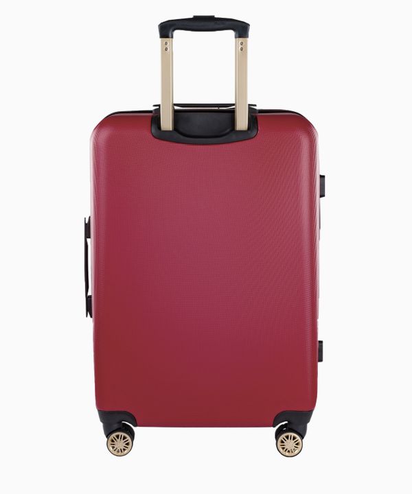 Średnia bordowa walizka z eleganckim napisem